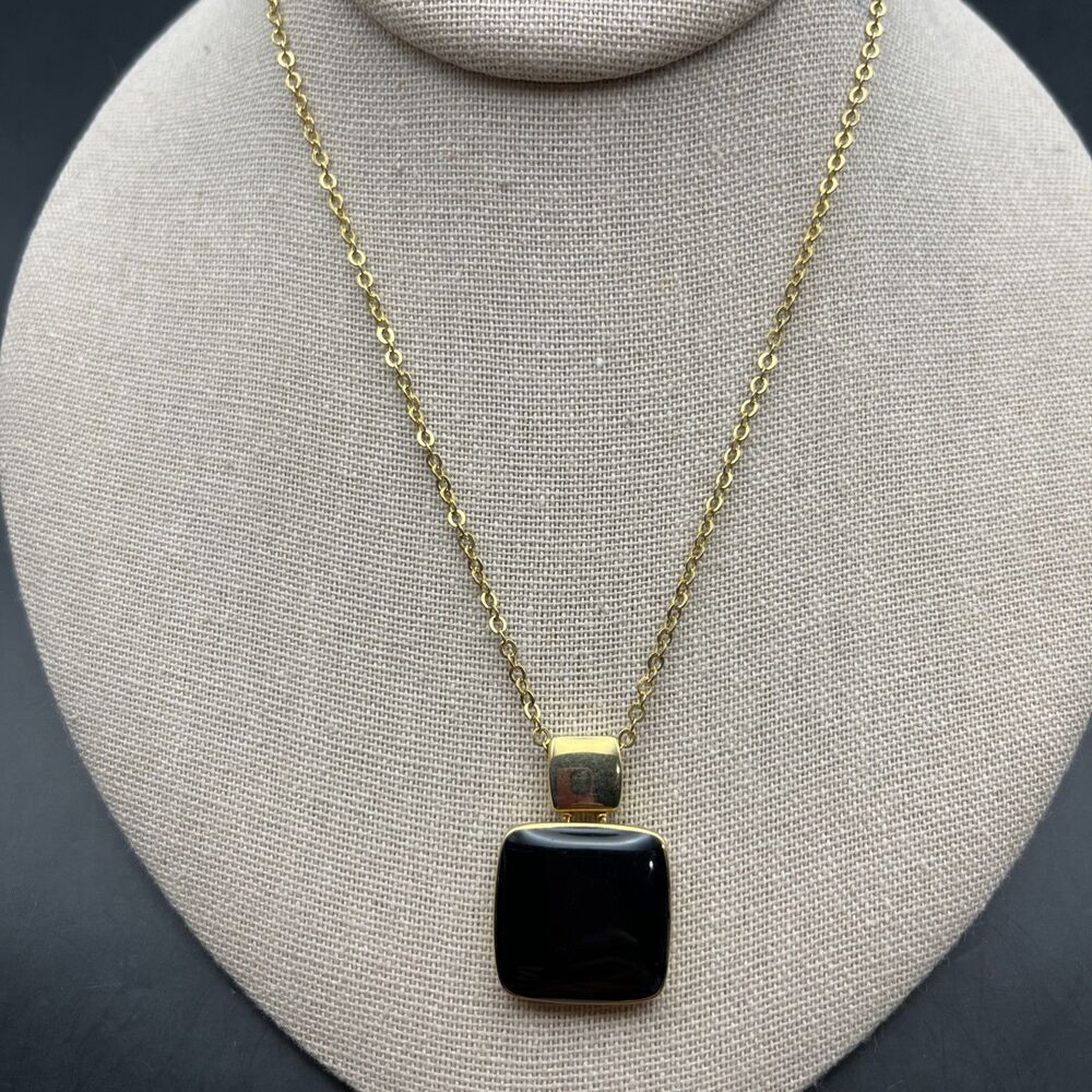 Napier Enamel Pendant Necklace Black Gold Tone Square Classic Look Vintage